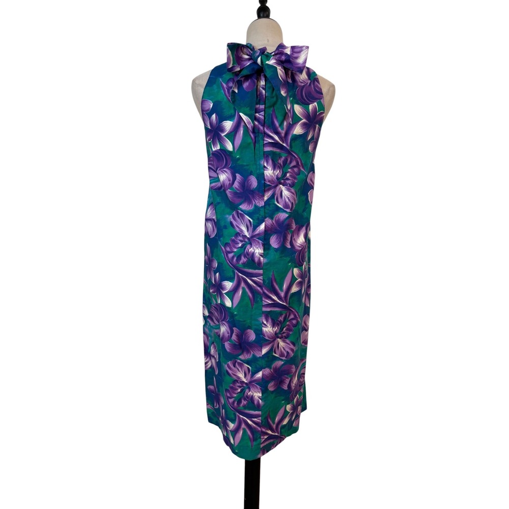 Vtg 60s 70s Fashions of Hawaii‎ Dress Women sz s/m Teal Purple Floral Bow resort - Picture 5 of 7